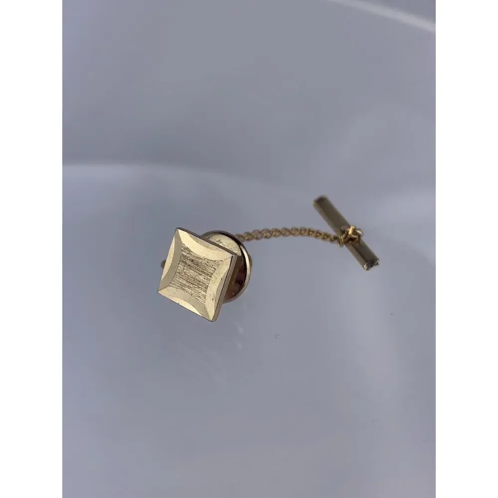 Square Simple Gold Tone Tie Tack Pin Carved Brushed Metal Vintage